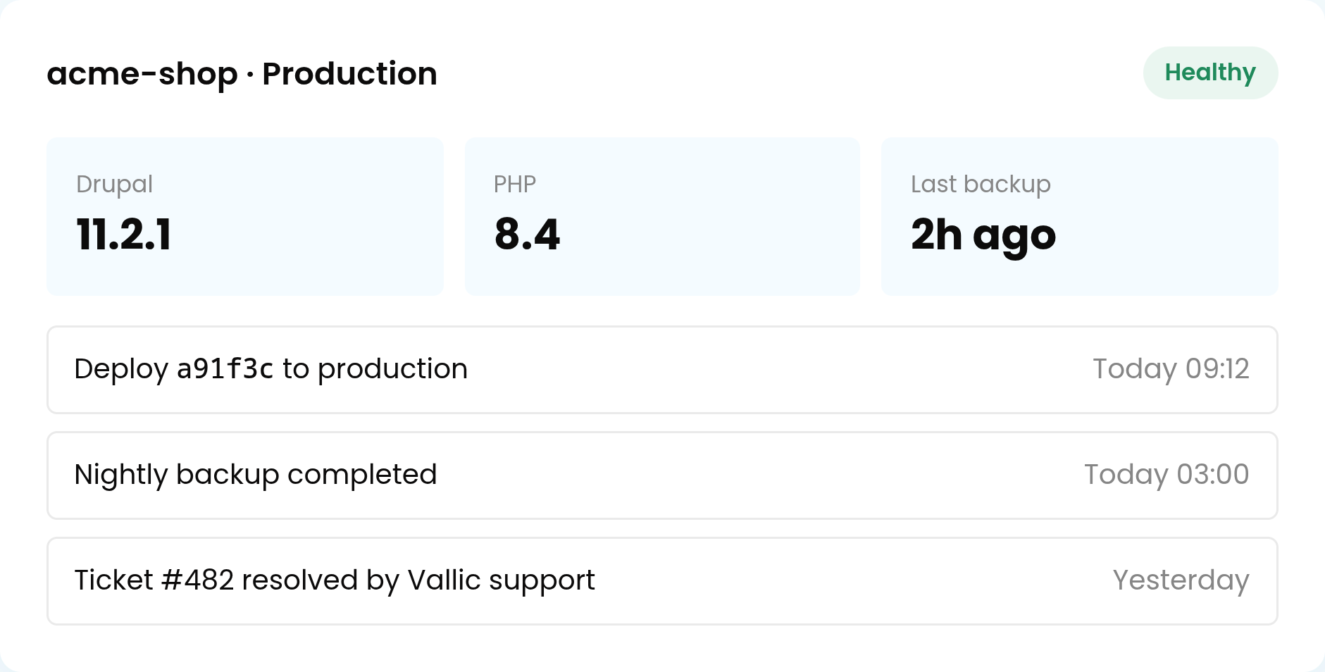 A project card in the console: Drupal and PHP versions, the last backup, and recent deploys.